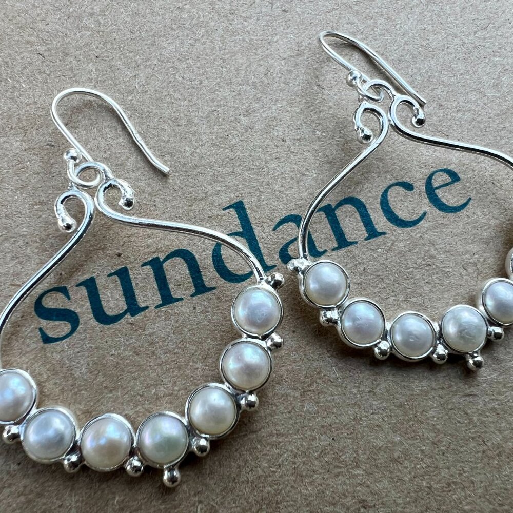 Sundance Catalog $148 NEW 2" PEARL Sterling Silver Hoops Earrings Bridal Boho - Picture 9 of 9